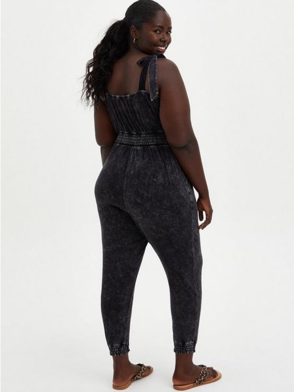 Torrid Super Soft Mineral Wash Tie Shoulder Jumpsuit Black 5X Plus Size Jogger - Picture 3 of 8